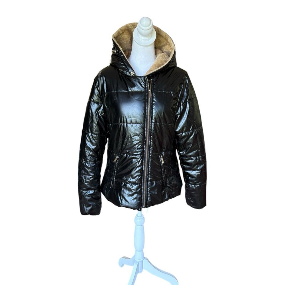 Roiii Black Quilted Puffer Coat Jacket Faux Fur Lined Hood Womens Size Medium